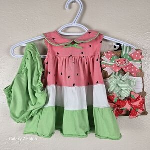 Baby Girl Watermelon Dress Set 12M Goodlad Summer Outfit w/ Bloomers‎ & Bows